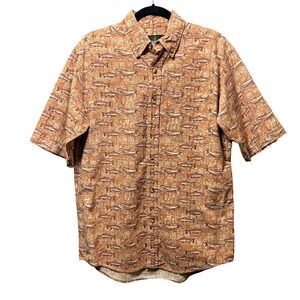 Red Head Mens Short Sleeve Button Up Shirt Fish Print Trout‎ Cotton Size M